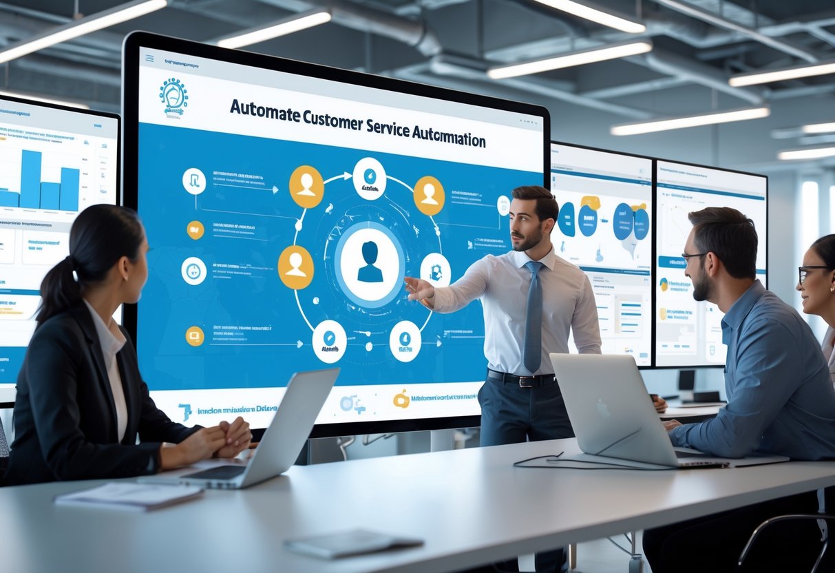 A team of professionals collaborating around a digital touchscreen displaying customer service automation workflows in a modern office.