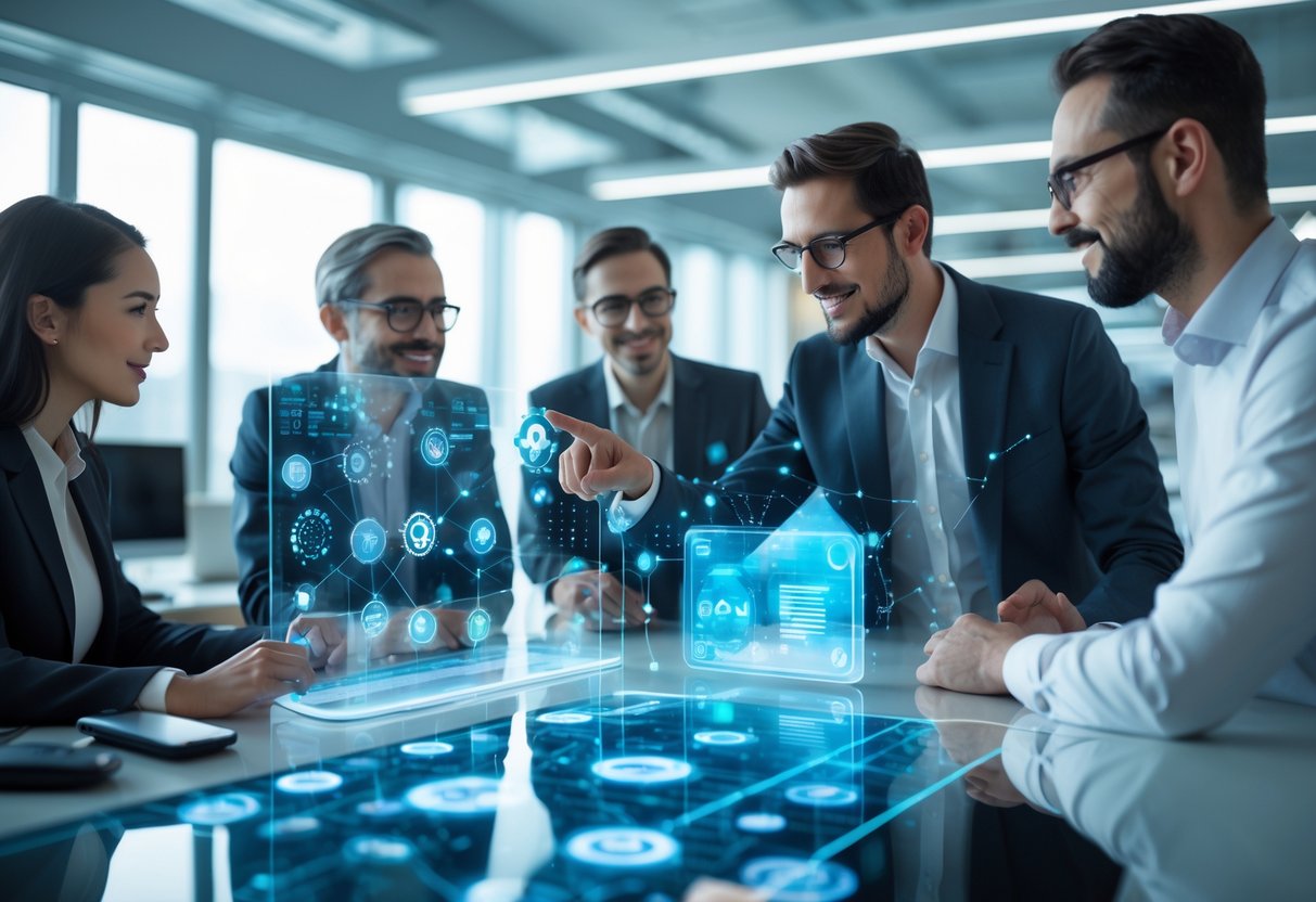 A group of professionals working together around a digital touchscreen display showing futuristic icons and graphs related to customer inquiry automation.