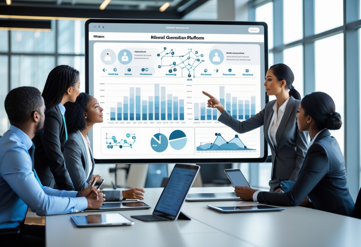 A group of business professionals collaborating around a digital touchscreen display showing graphs and network connections in a modern office.