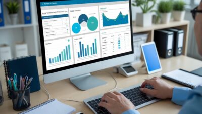 A modern office workspace with a computer showing data dashboards and a person typing on the keyboard.