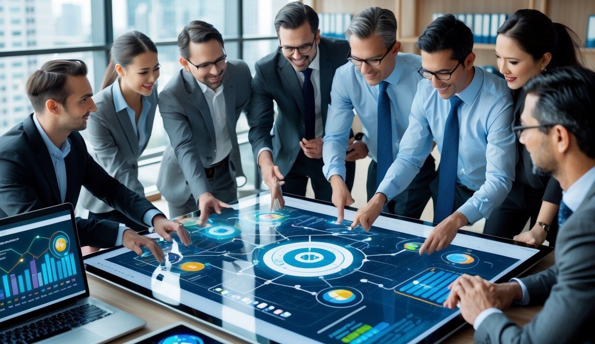 A group of professionals collaborating around a digital touchscreen table displaying data visualizations and charts in a modern office.