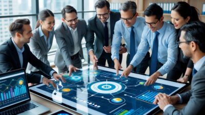 A group of professionals collaborating around a digital touchscreen table displaying data visualizations and charts in a modern office.