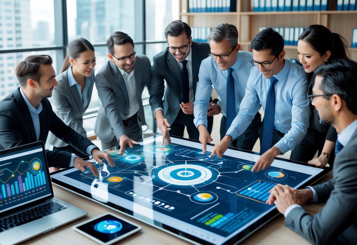 A group of professionals collaborating around a digital touchscreen table displaying data visualizations and charts in a modern office.