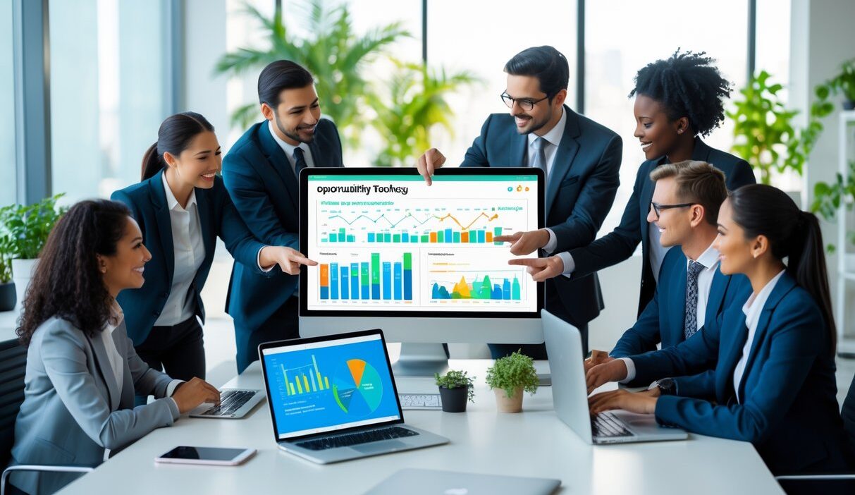 Business professionals collaborating around a desk with laptops and a large screen showing data charts in a bright office.