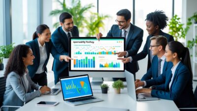 Business professionals collaborating around a desk with laptops and a large screen showing data charts in a bright office.