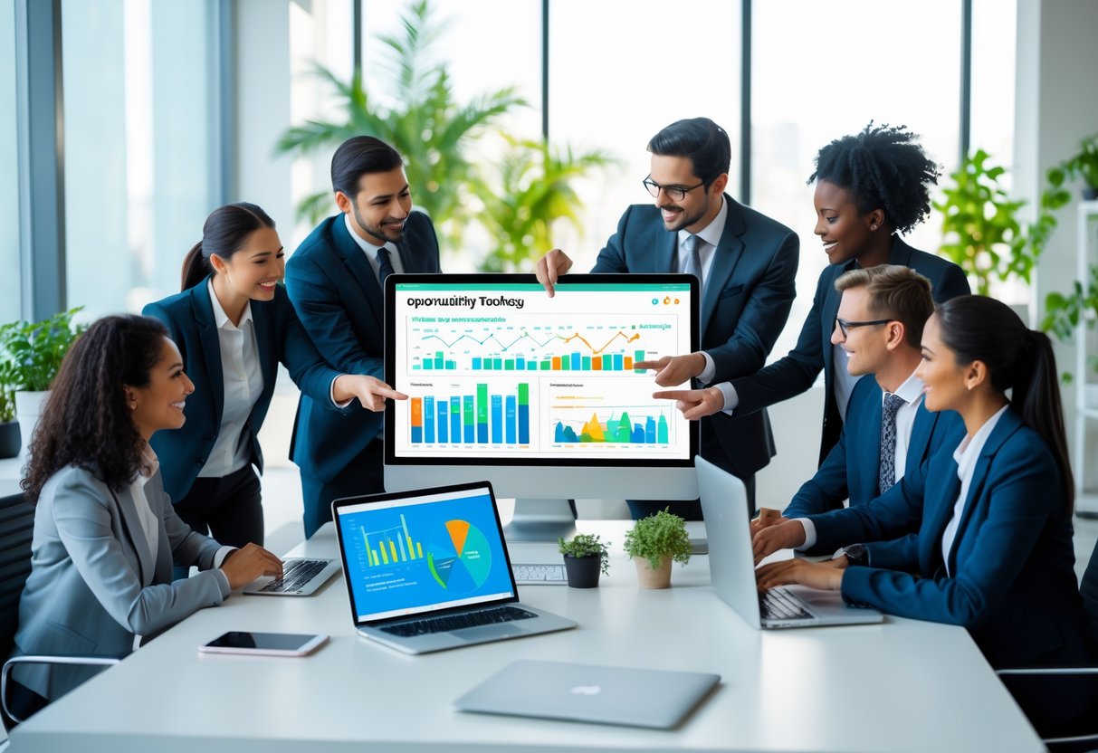 Business professionals collaborating around a desk with laptops and a large screen showing data charts in a bright office.