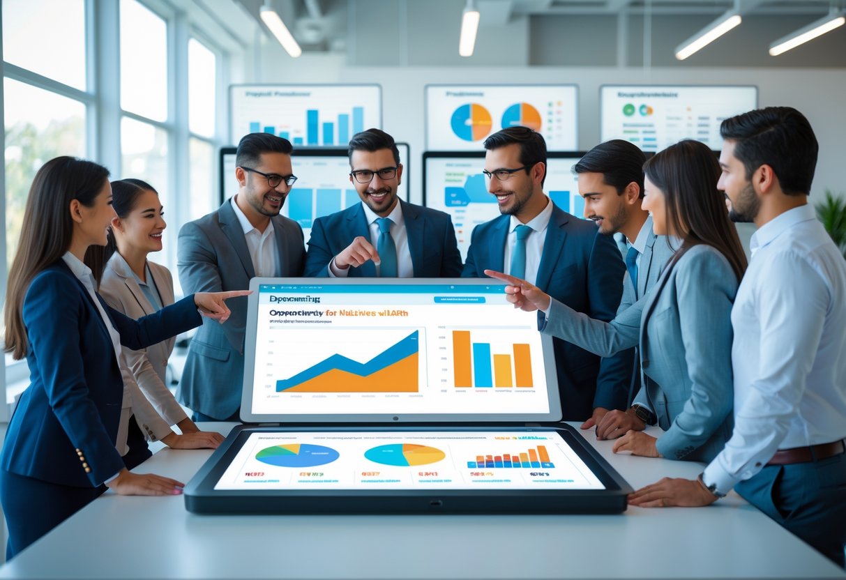 Business professionals collaborating around a digital touchscreen table displaying colorful sales data and charts in a bright modern office.