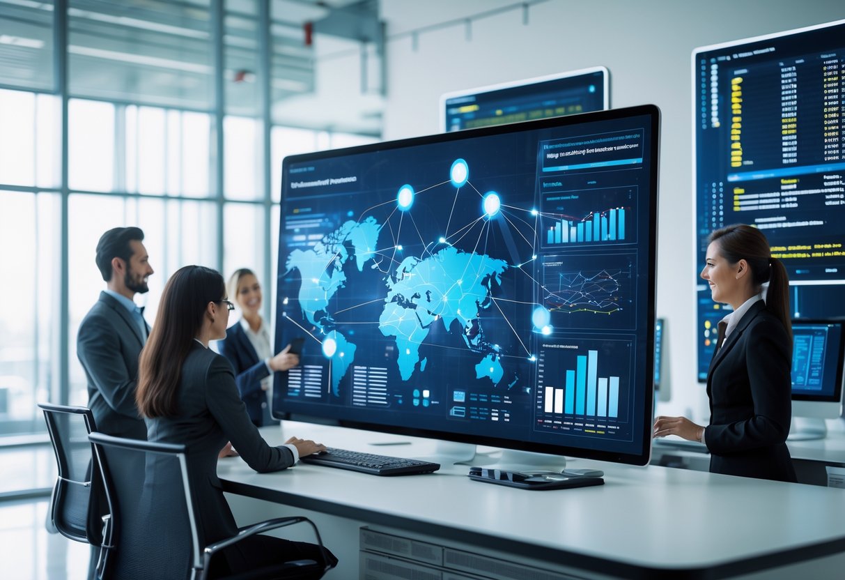 Business professionals collaborating around a digital touchscreen table displaying data visualizations and database interfaces in a modern office.