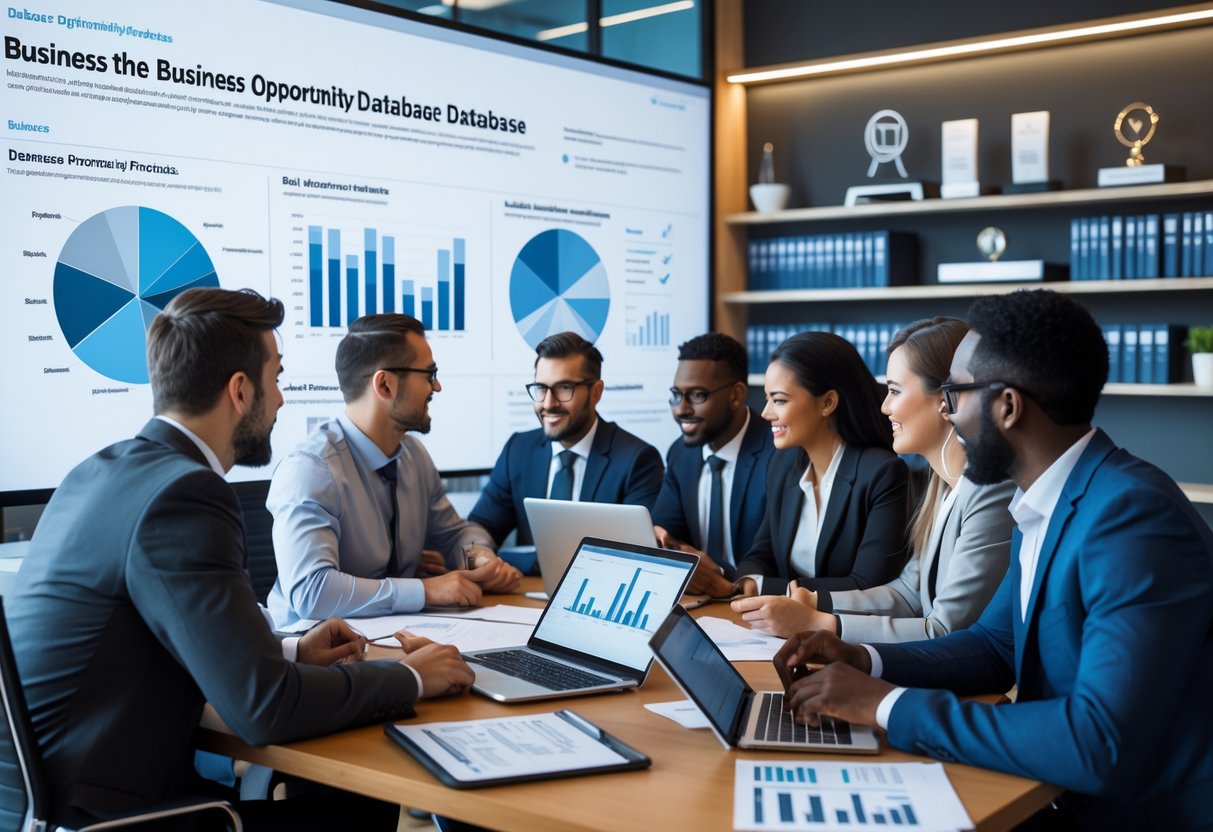 A group of business professionals collaborating around a table with laptops and digital data charts in a modern office.