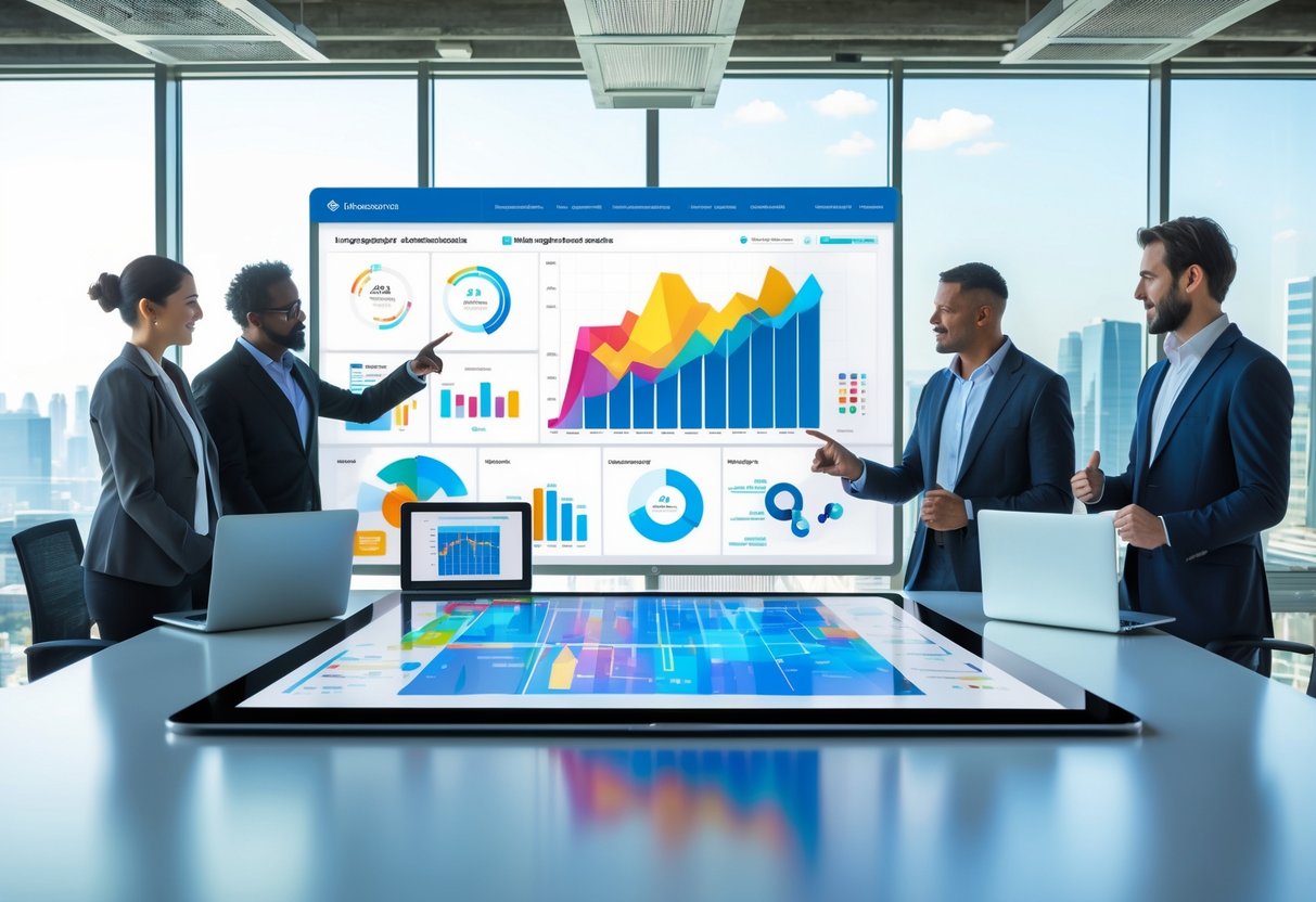 A group of professionals collaborating around a digital touchscreen table displaying colorful data charts and graphs in a modern office with city views.