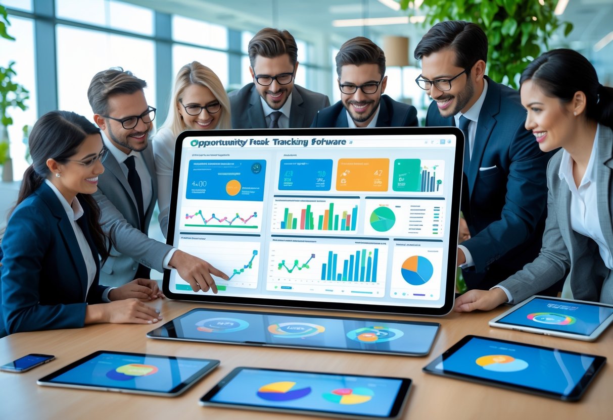 Business professionals collaborating around a digital touchscreen table displaying data visualizations and analytics in a modern office.
