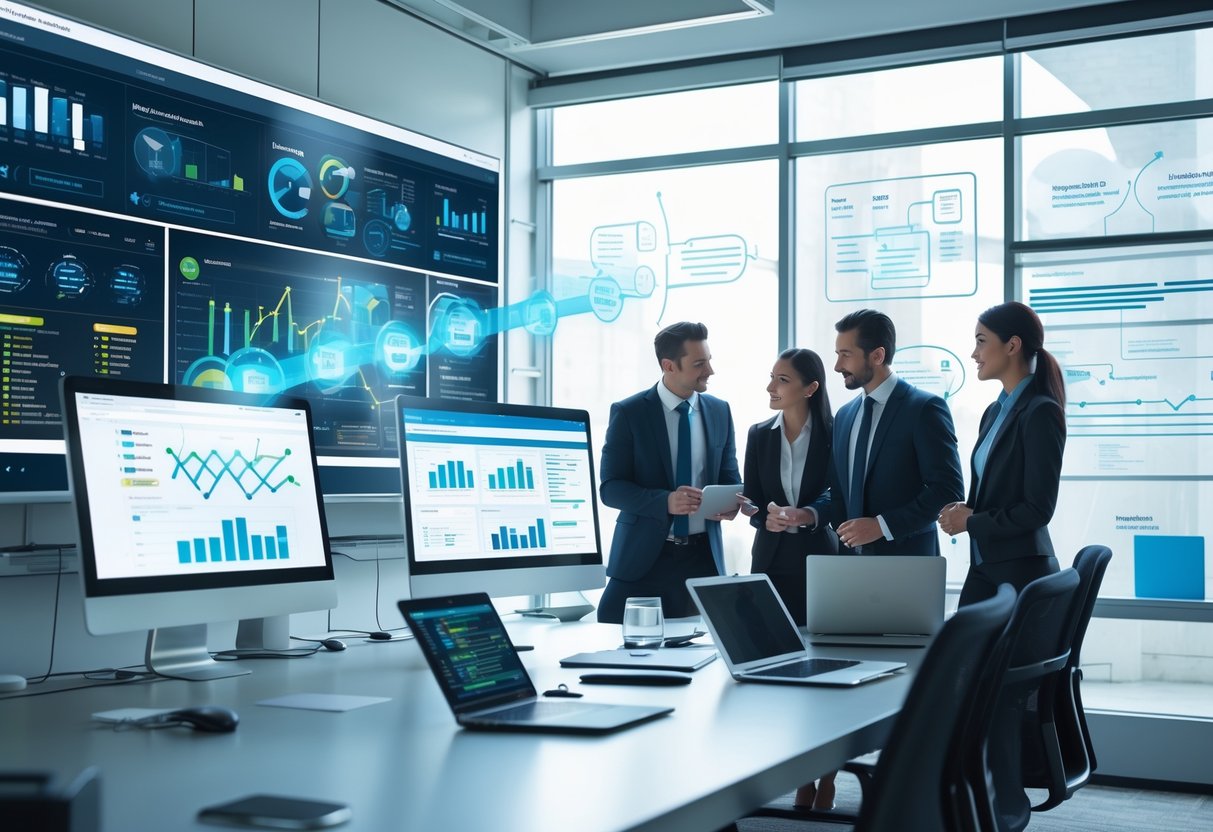 A team of professionals working together in an office with multiple screens showing marketing and automation data visualizations.