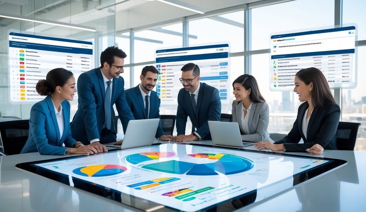 A group of business professionals collaborating around a digital touchscreen table displaying contact data and charts in a modern office.