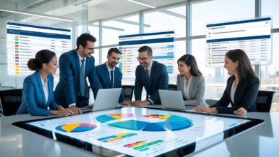 A group of business professionals collaborating around a digital touchscreen table displaying contact data and charts in a modern office.