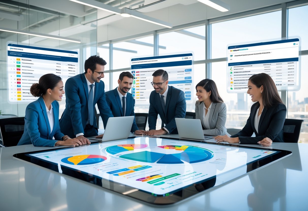 A group of business professionals collaborating around a digital touchscreen table displaying contact data and charts in a modern office.