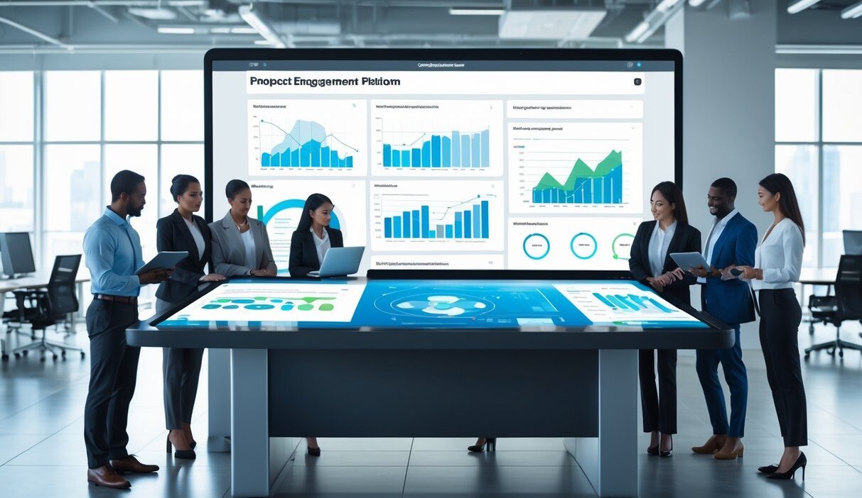 A group of business professionals collaborating around a digital touchscreen table displaying data and charts in a modern office.