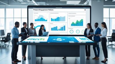 A group of business professionals collaborating around a digital touchscreen table displaying data and charts in a modern office.
