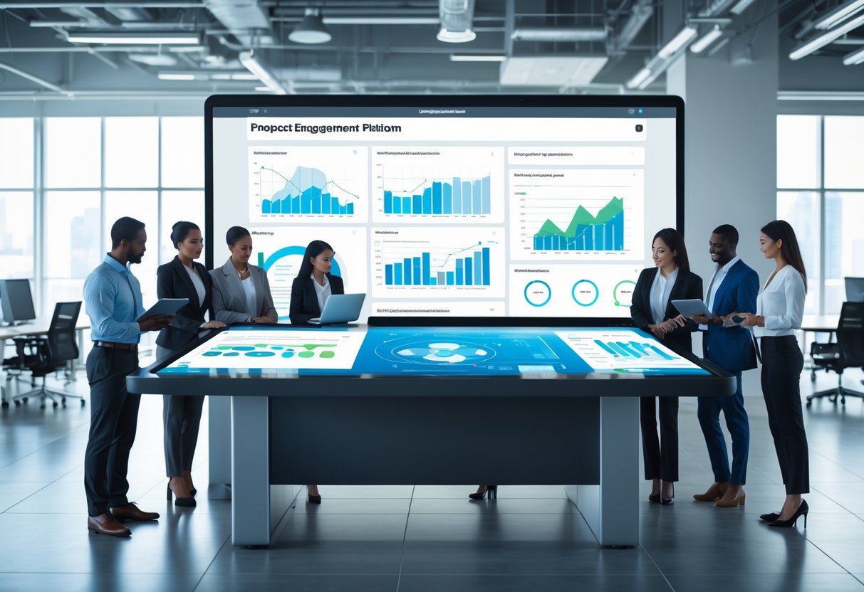 A group of business professionals collaborating around a digital touchscreen table displaying data and charts in a modern office.