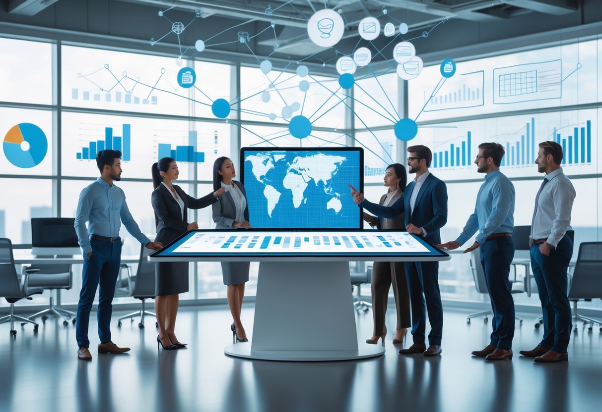 A group of business professionals collaborating around a digital touchscreen table displaying interconnected profiles and data visualizations in a modern office.