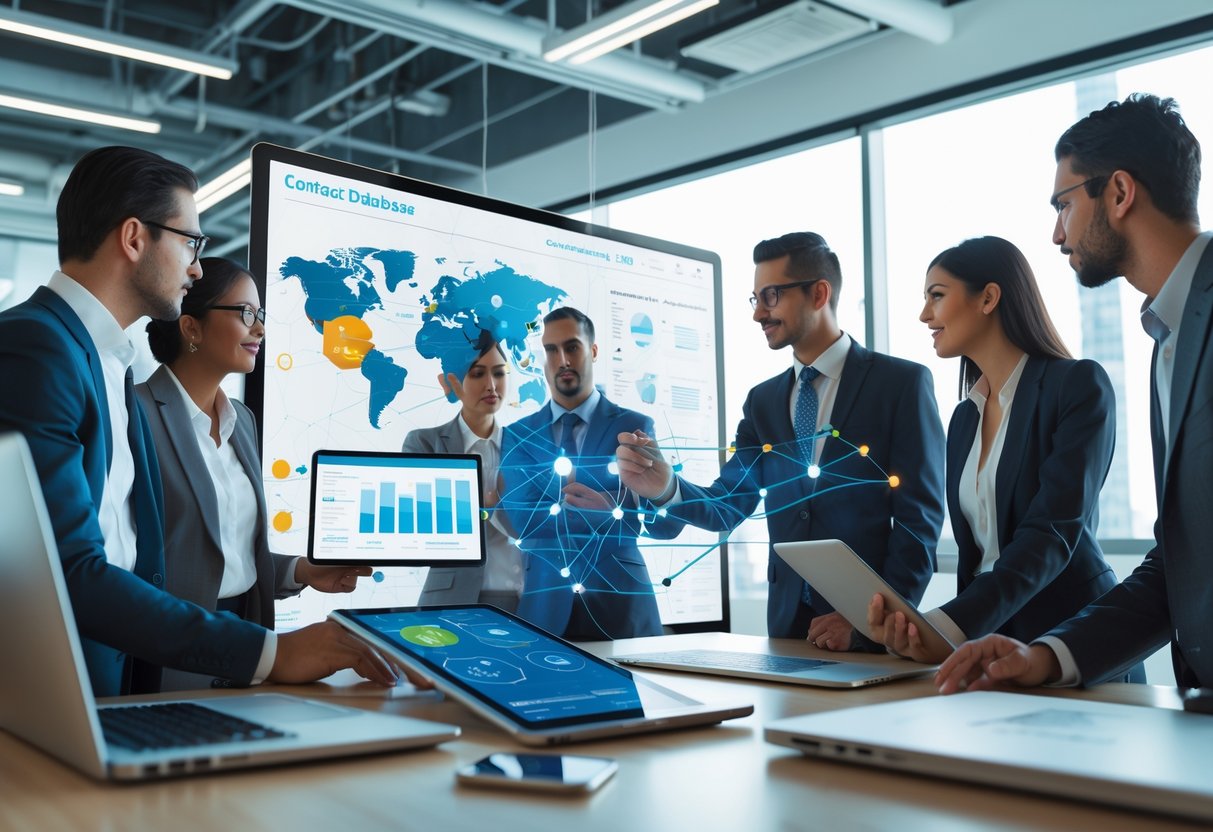 A diverse group of professionals collaborating around a digital touchscreen displaying data and charts in a modern office.