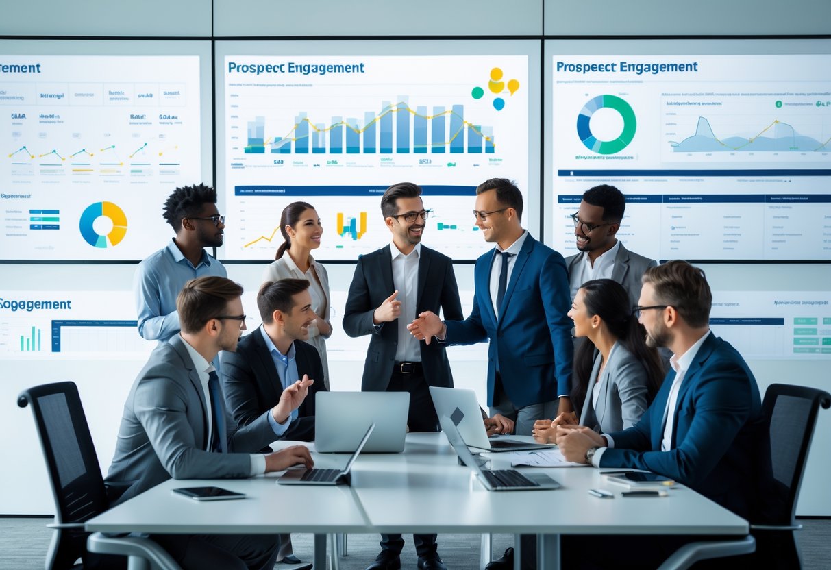Business professionals collaborating around a conference table with digital devices and data visualizations in a modern office.