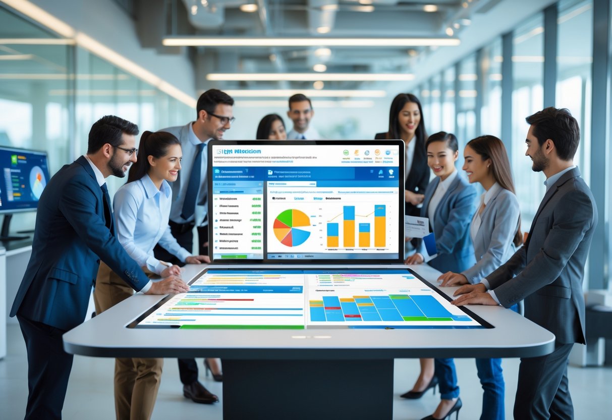 Business professionals working together around a touchscreen table displaying digital contact database interfaces in a modern office.