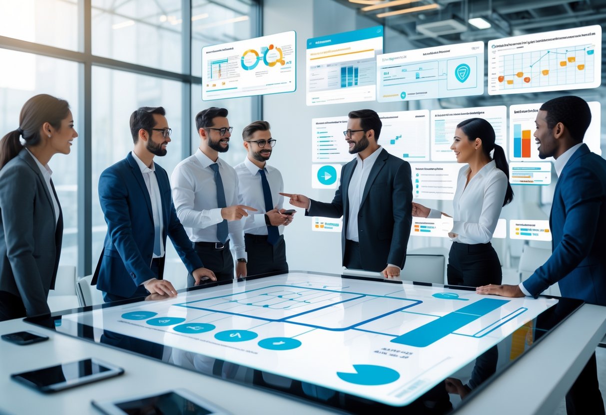 A group of business professionals collaborating around a digital touchscreen table displaying flowcharts and data, in a bright modern office.