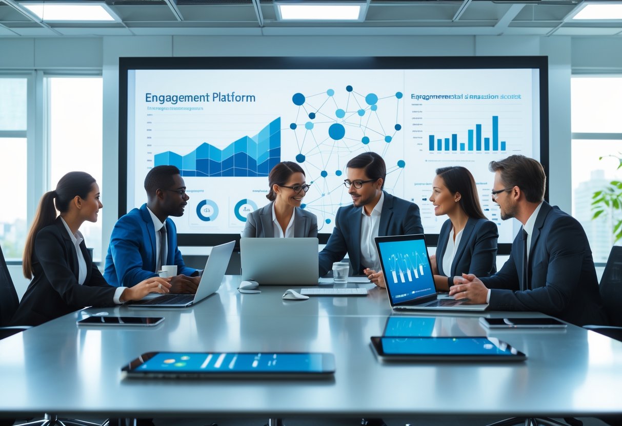 Business professionals collaborating around a table with digital devices showing data charts and analytics in a bright office.