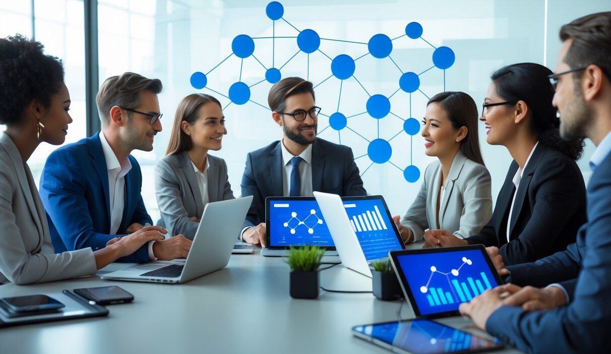 A group of business professionals collaborating around a table with digital devices and a screen showing a referral network diagram.