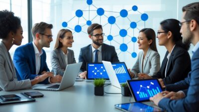 A group of business professionals collaborating around a table with digital devices and a screen showing a referral network diagram.
