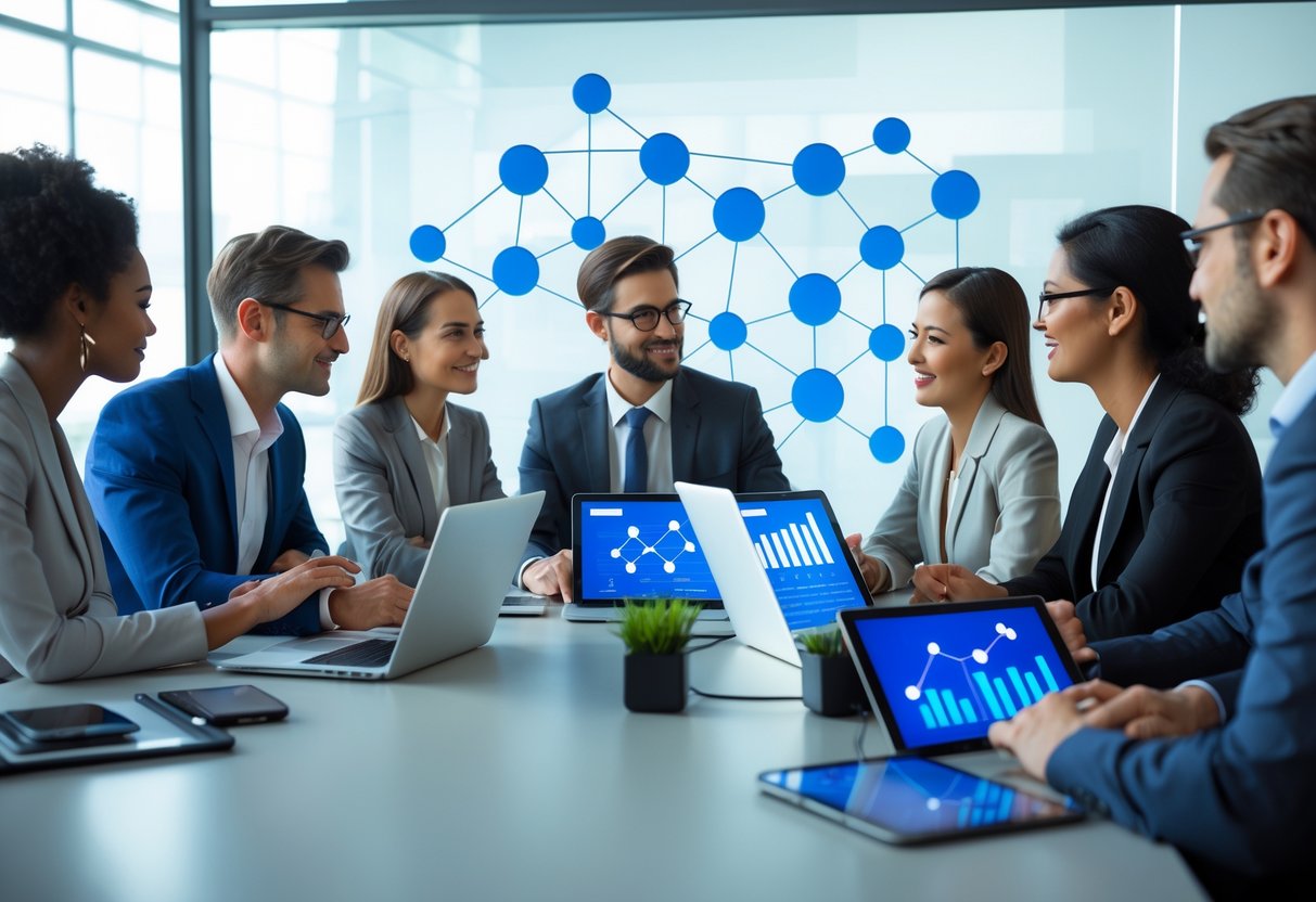 A group of business professionals collaborating around a table with digital devices and a screen showing a referral network diagram.