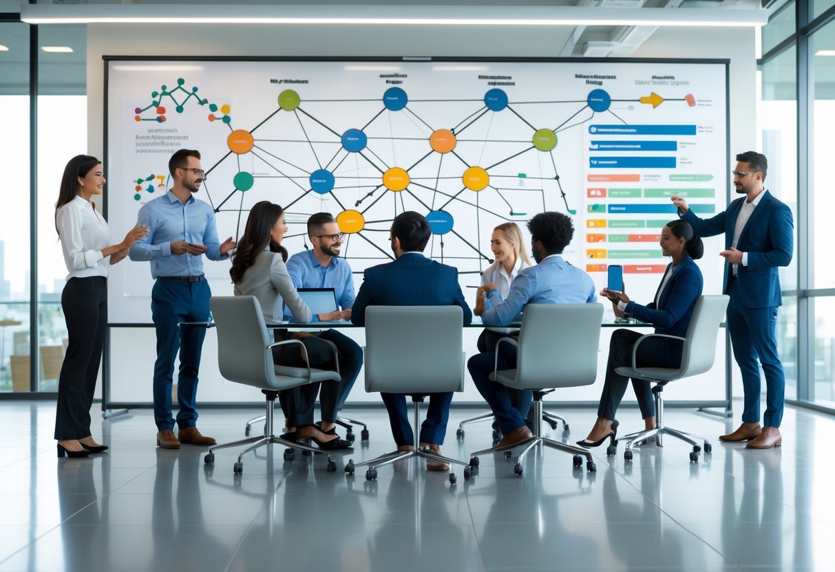 A group of business professionals collaborating around a table with laptops and charts showing interconnected referral networks in a bright office.