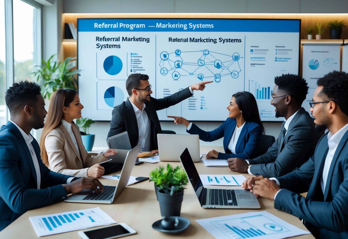 A group of business professionals collaborating around a conference table with laptops and a digital screen showing a referral program diagram.