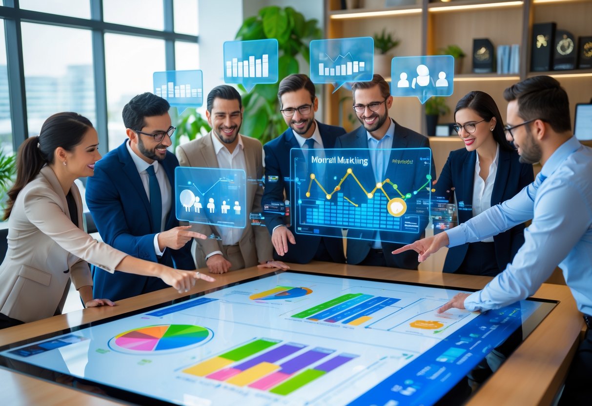 A group of business professionals collaborating around a digital touchscreen table displaying referral marketing data and network diagrams in a modern office.